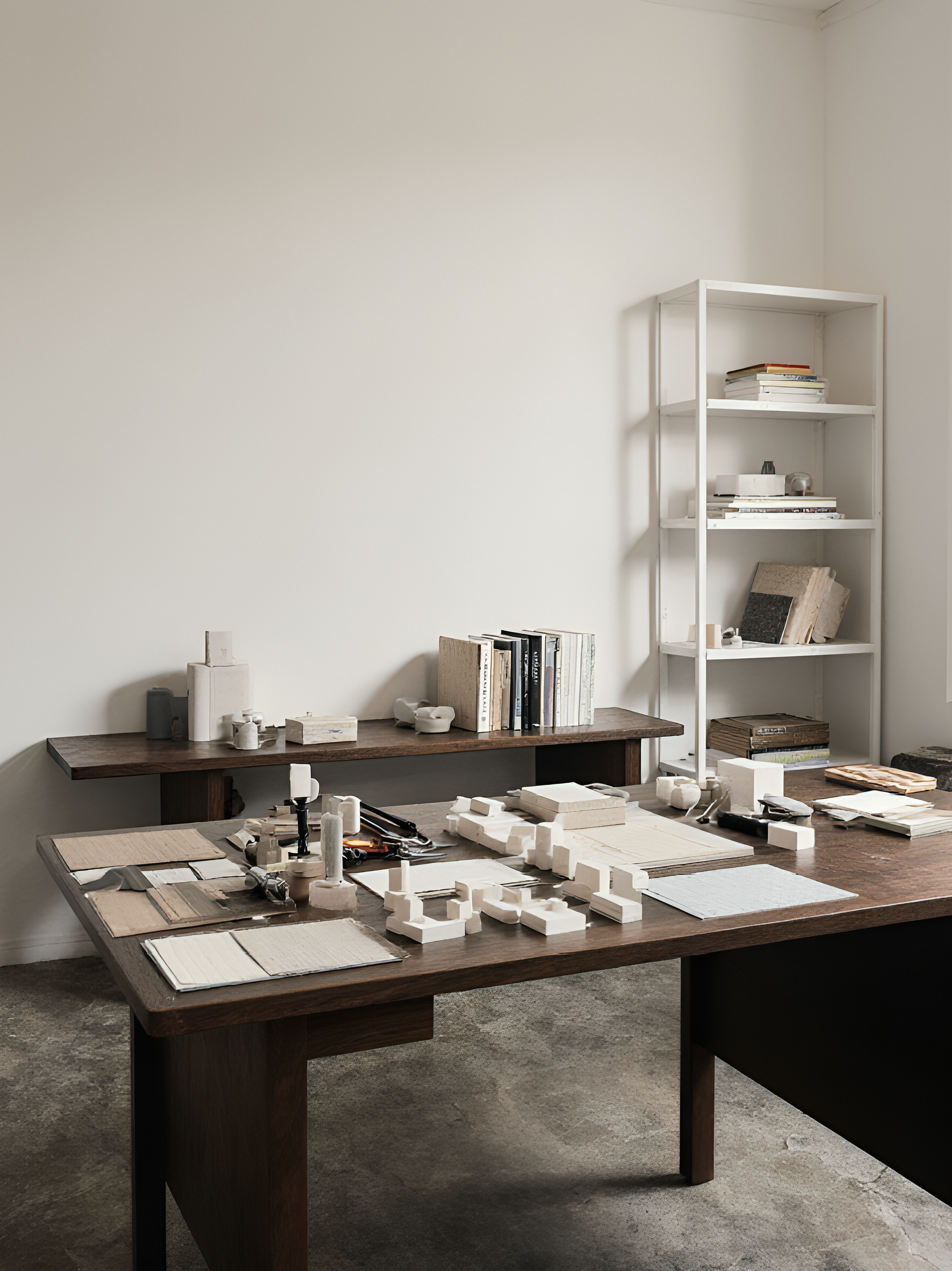Interior view of an artist's or designer's workspace with a large wooden table covered in sketches, fabric samples, and model prototypes. In the background, there is a white bookshelf with art books and small objects, against a plain white wall.