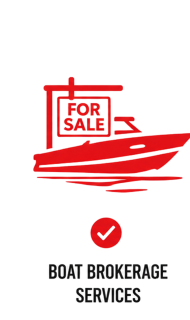 Boat brokerage services icon featuring a boat with a for sale sign representing marine sales and brokerage support.