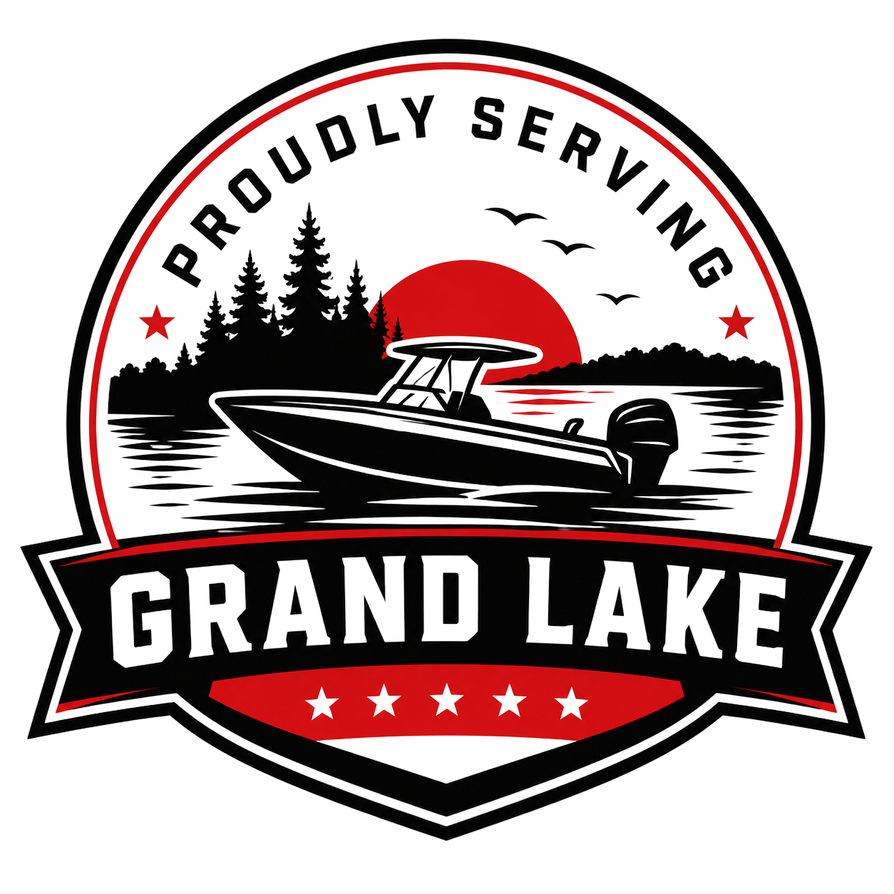 Grand Lake marine service badge logo featuring a center console boat on the water with the text “Proudly Serving Grand Lake.”