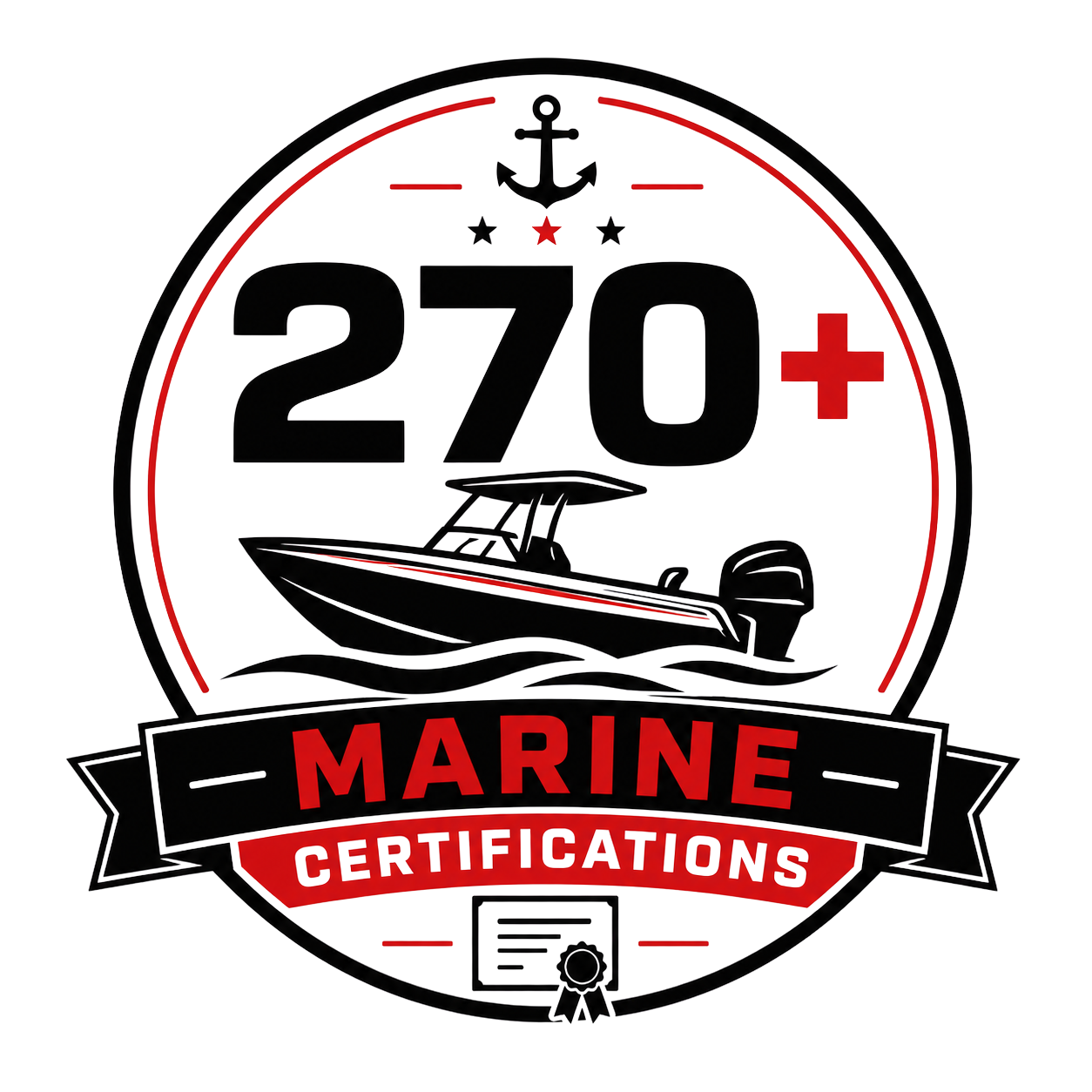 Marine certification badge graphic featuring a boat icon and the text “270+ Marine Certifications.”