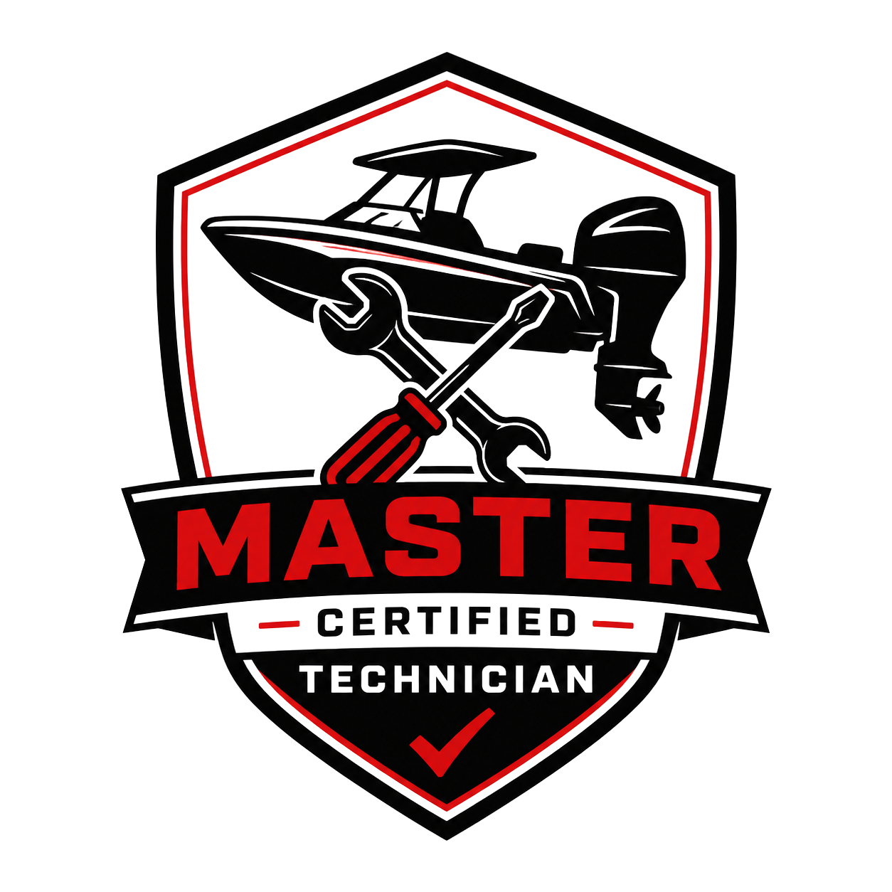 Master Certified Technician badge featuring marine repair tools, an outboard boat, and certification shield design.