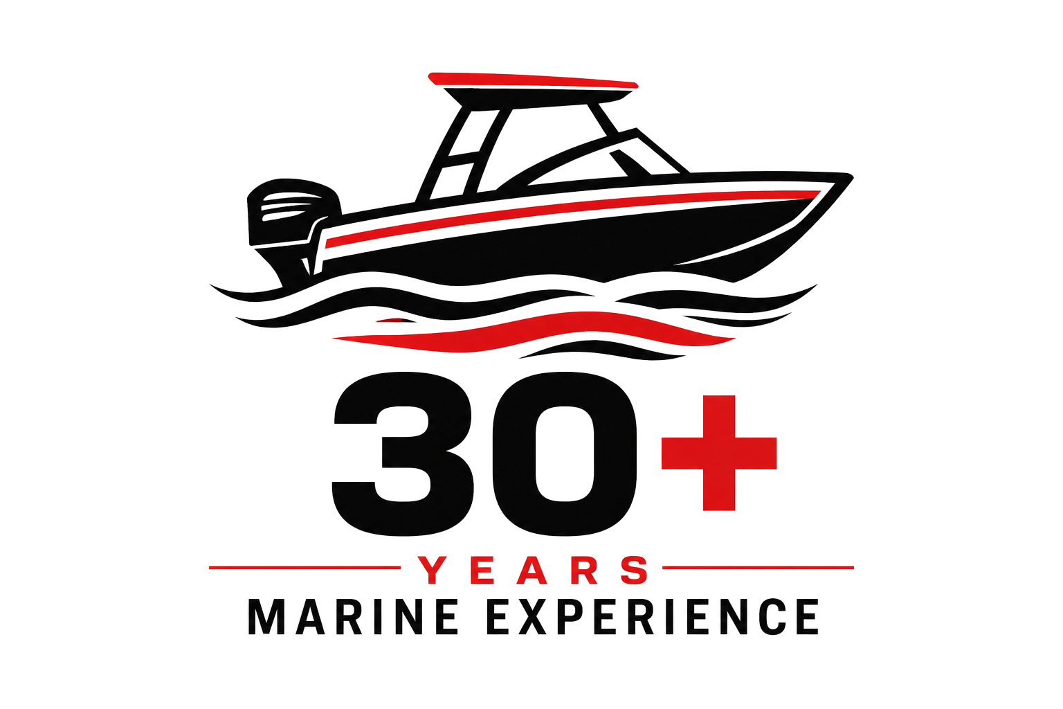 30+ years marine experience graphic featuring a center console boat above stylized water waves.