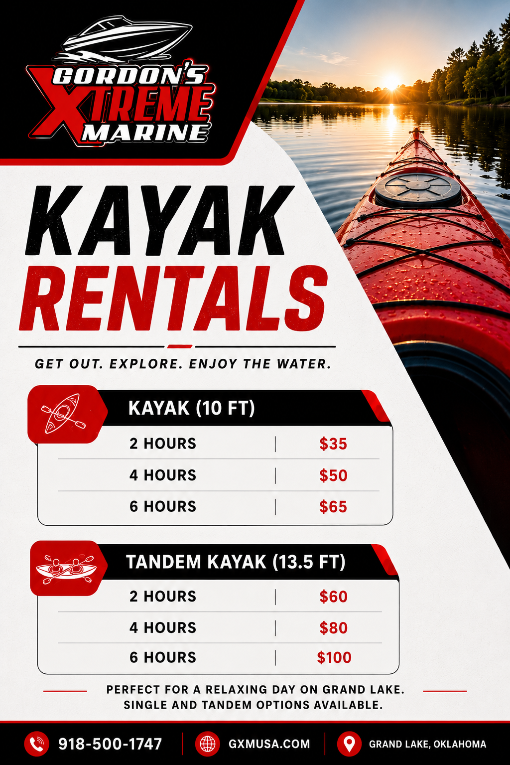 Flyer for Gordon's Xtreme Marine kayak rentals showing prices for 10-foot kayaks and tandem kayaks, with a background photo of a kayak on a lake at sunset.