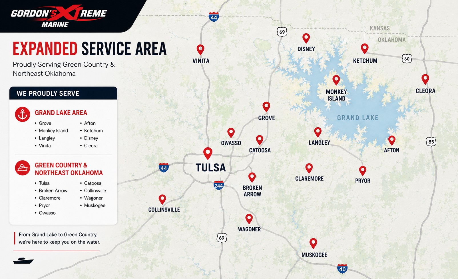 Expanded service area map for Gordon’s Xtreme Marine showing Grand Lake, Tulsa, and Northeast Oklahoma communities including Grove, Monkey Island, Tulsa, Broken Arrow, Claremore, Vinita, Pryor, Muskogee, and surrounding Green Country areas.