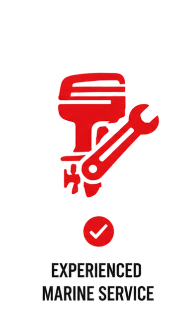 Marine service icon featuring an outboard motor and wrench representing experienced boat repair and maintenance services.