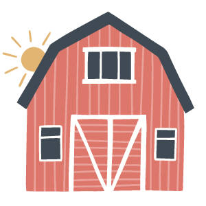 Red barn with white trim, a large barn door, three windows, and the sun shining in the sky.