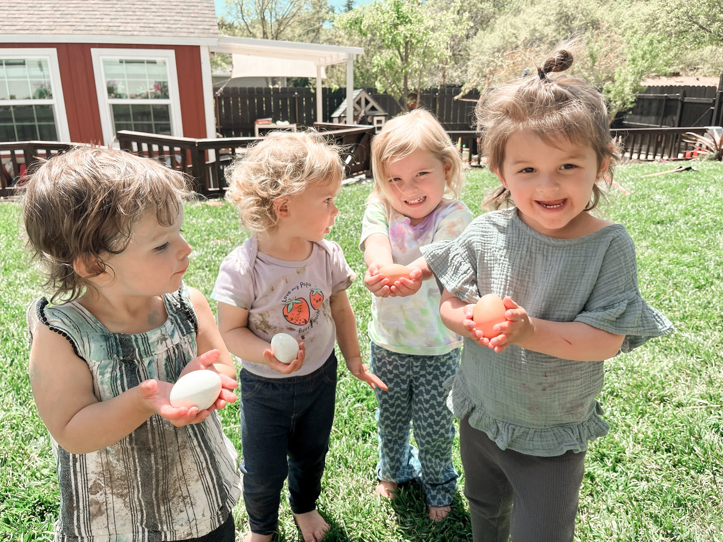 Four young children, three girls and a boy, standing outside on a green lawn holding eggs, with a house and trees in the background.