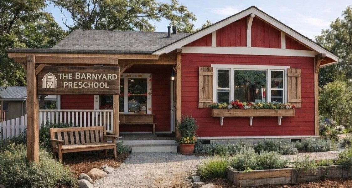 Red preschool building in Atascadero, CA with a sign that reads 'The Barnyard Preschool,' wooden shutters on the window, flower box, and garden in front.