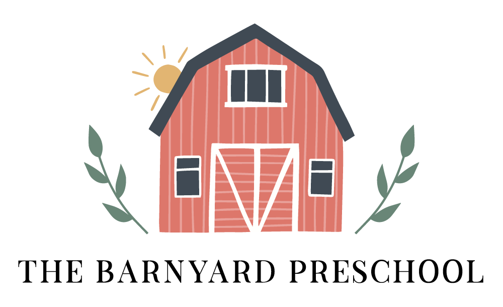 Illustration of a red barn with a black roof, white doors, and windows, with a sun shining in the background and green leaves on both sides.