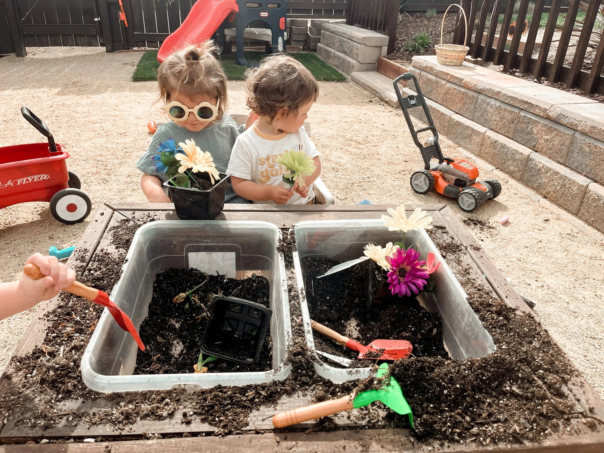 Two children in a backyard gardening area, one girl wearing sunglasses and the other boy holding a flower, planting flowers in small garden beds with gardening tools and toys around.