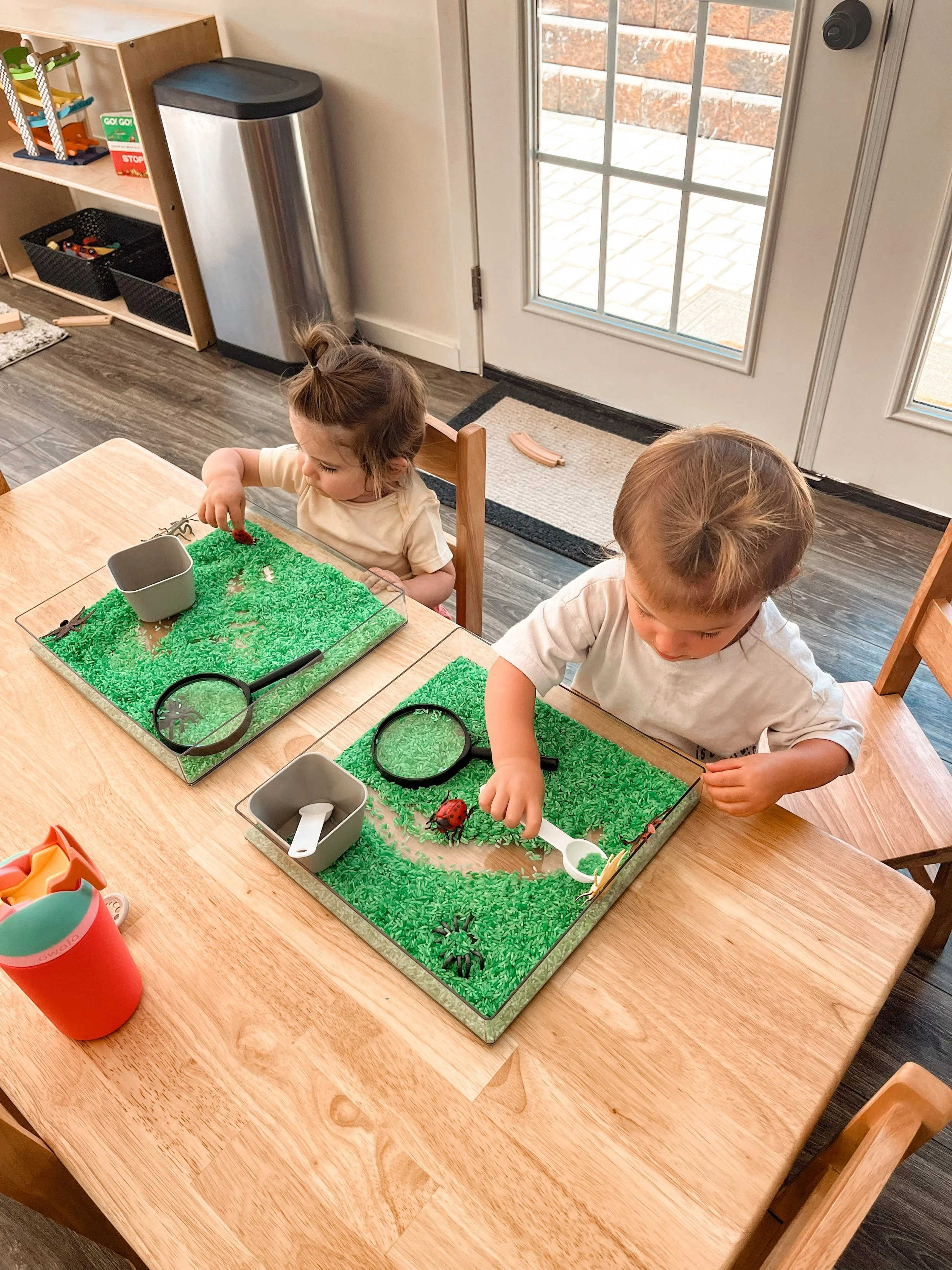 Two young children sitting at a wooden table playing with a large glass terrarium filled with green artificial grass, plastic insects, and small tools, in a room with a door leading outside.