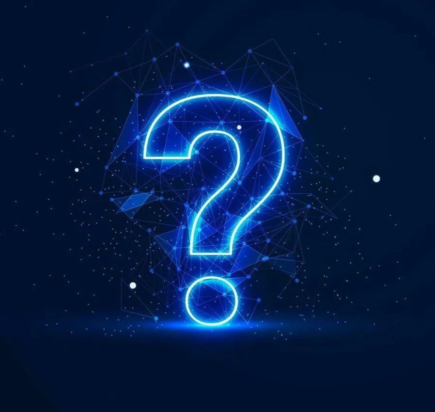 Blue neon question mark with digital network design on a dark background.