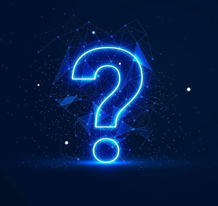 Blue neon question mark with digital network background.