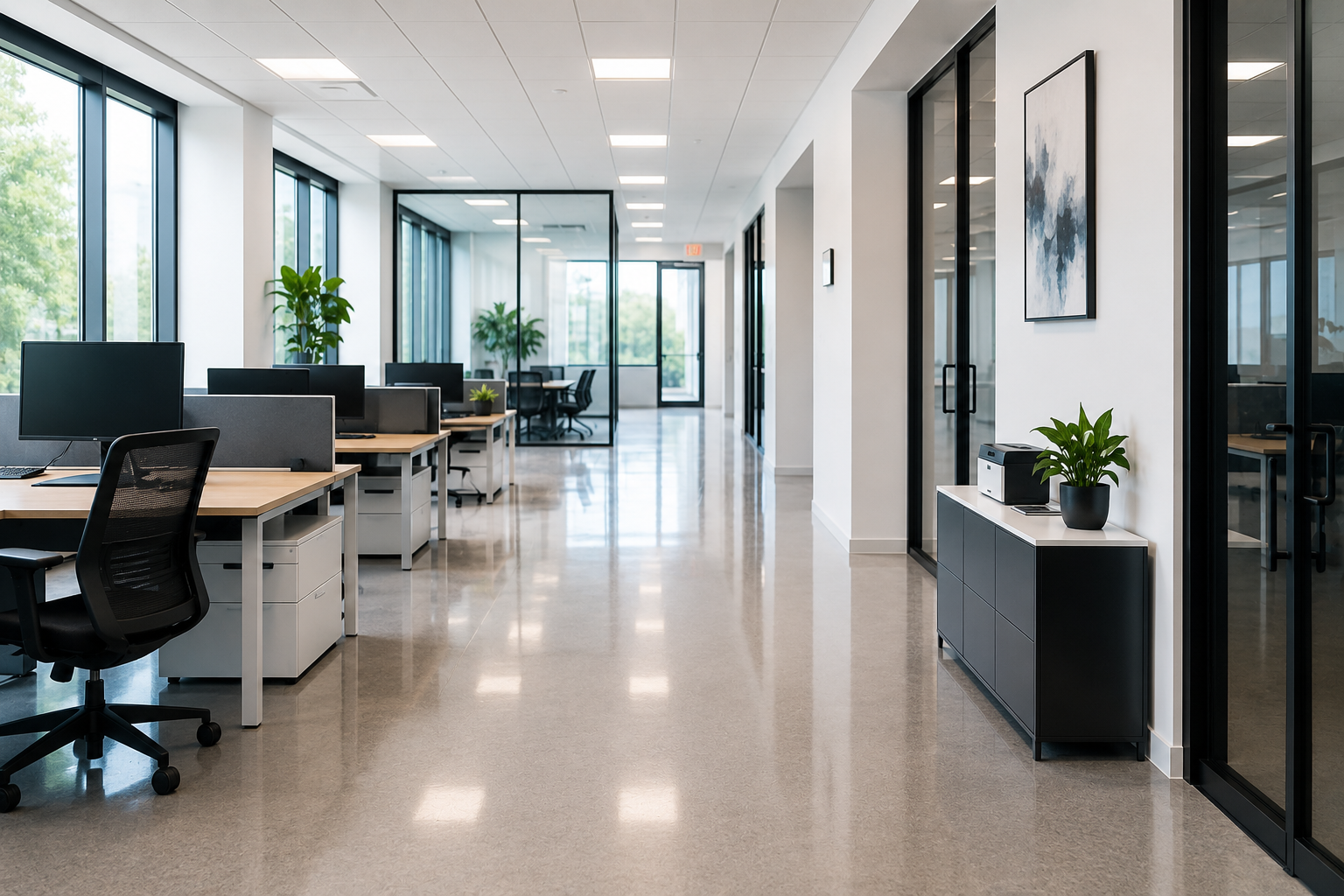 Modern office space with desks, chairs, computers, and large windows with greenery outside.