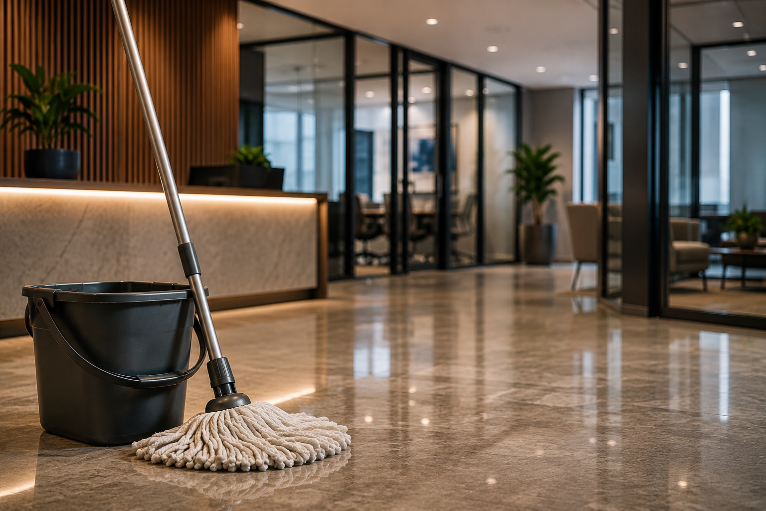 Lobby area with a mop and bucket in the foreground, modern furniture, glass walls, and potted plants in the background.