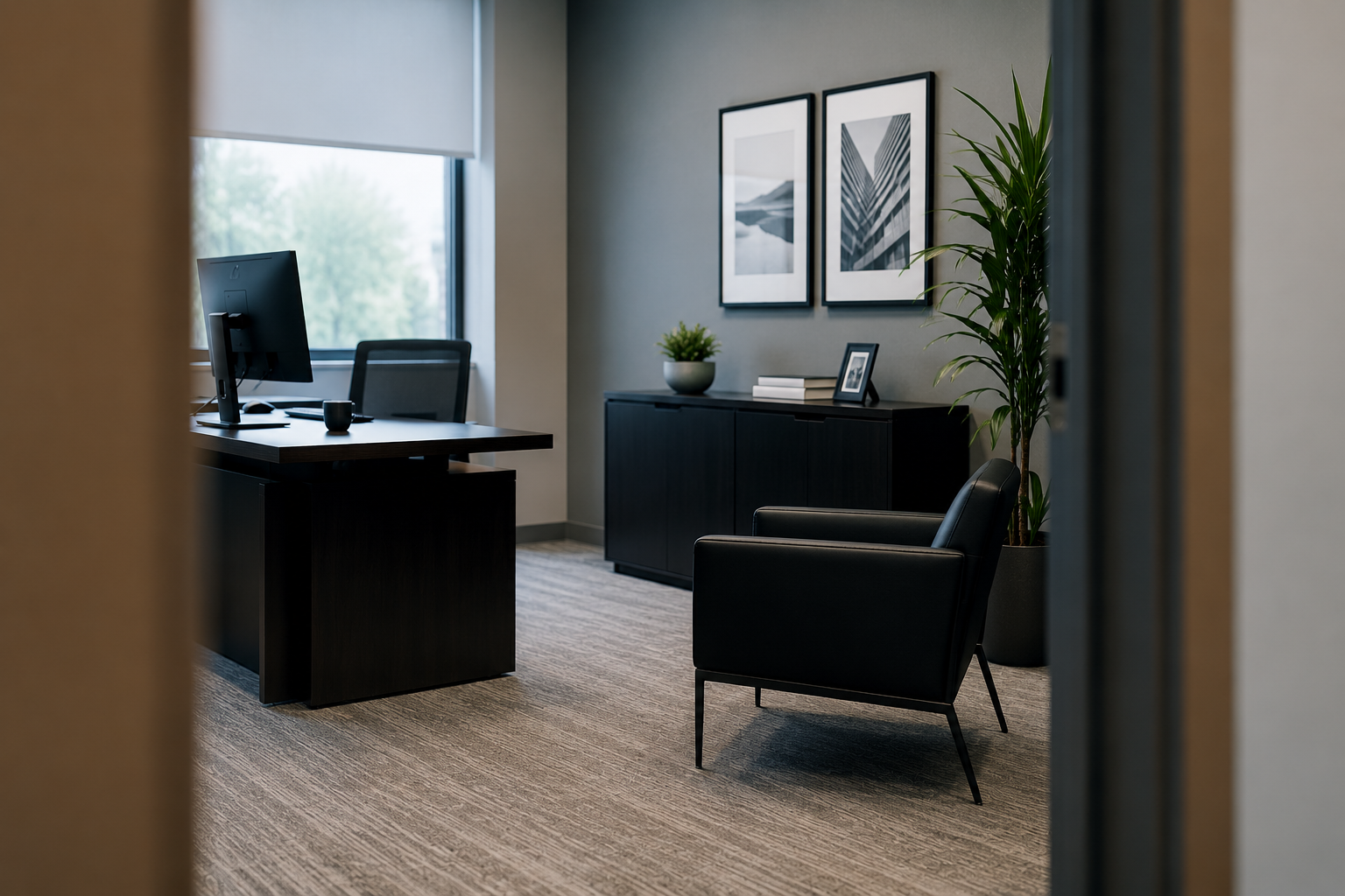Comfortable black leather armchair in a modern office with a wooden desk, computer, black storage cabinet, large plant, and framed artwork on the wall.