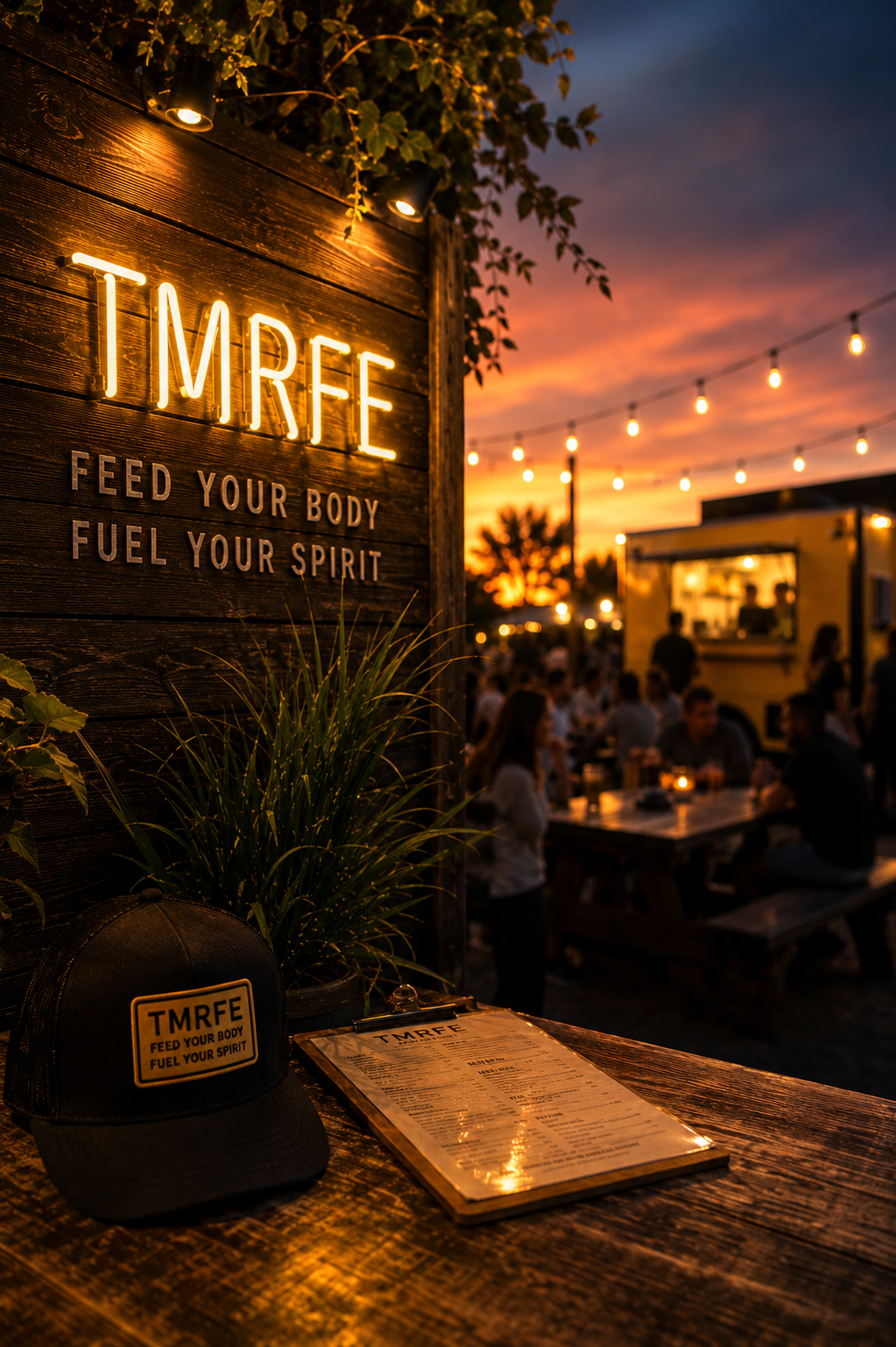 Outdoor evening scene at a food truck park with a wooden sign reading "TMRE," "Feed Your Body," and "Fuel Your Spirit," illuminated by string lights and sunset in the background.