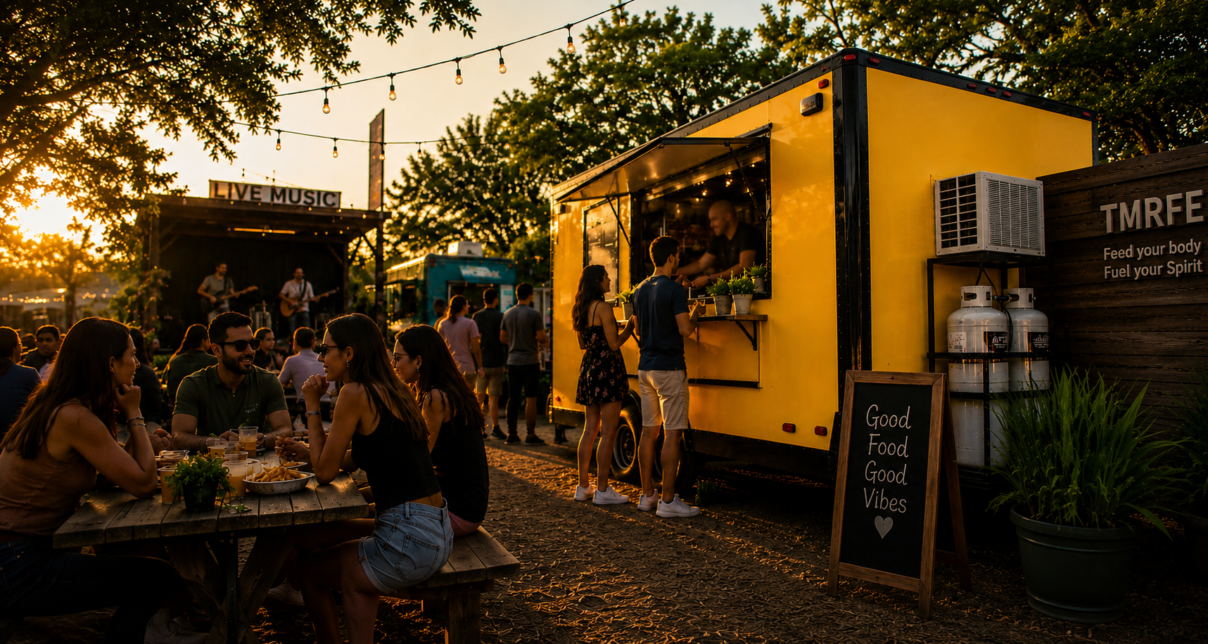 People enjoying food and drinks at an outdoor food truck event during sunset, with a live music stage in the background.