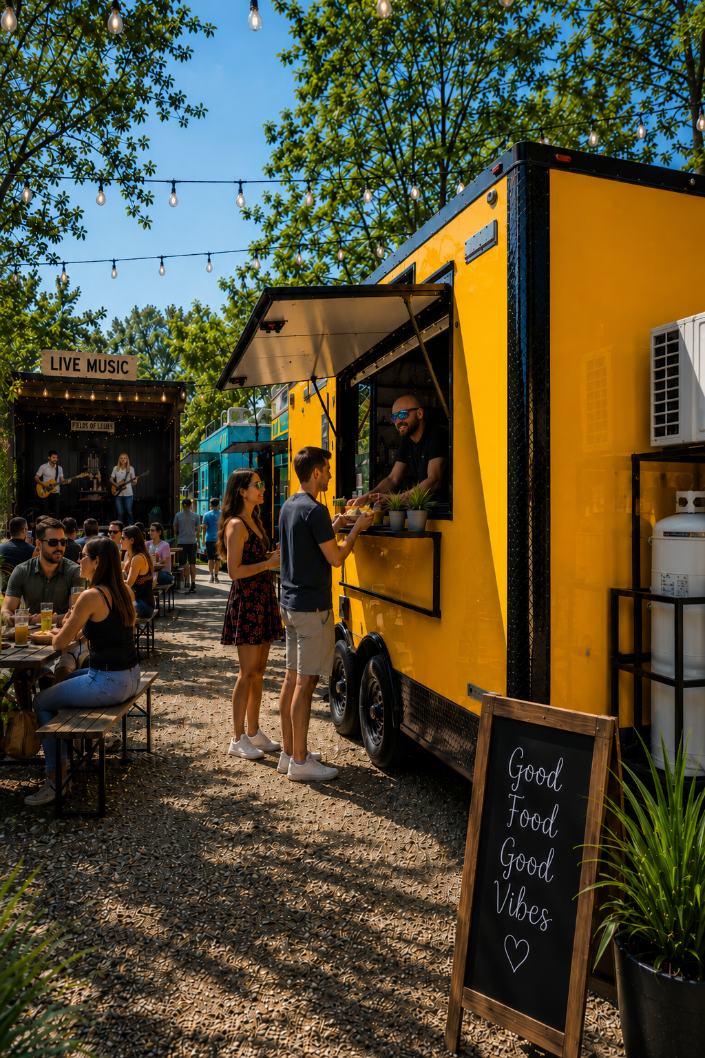 People ordering food at a yellow food truck during an outdoor event with live music, string lights, and trees.
