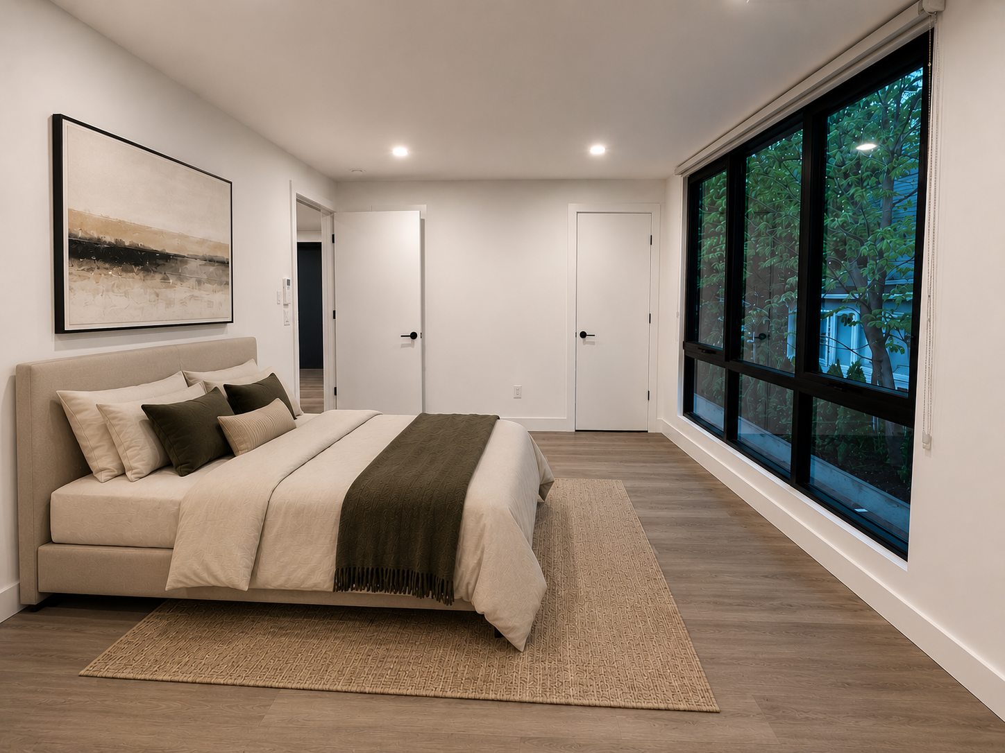 Modern bedroom with a large window, beige bed with multiple pillows and dark green blanket, artwork on the wall, and wooden flooring - Pleasantville NY.