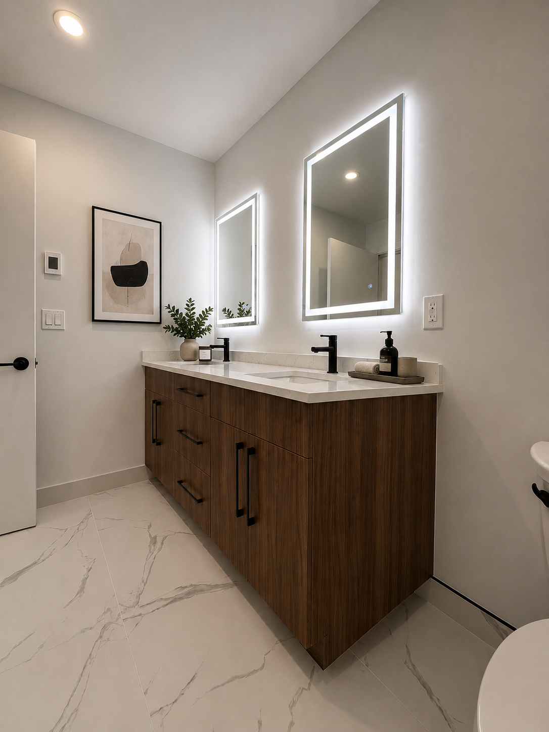 Modern bathroom with dual sinks, wooden vanity, illuminated mirrors Pleasantville NY apartments