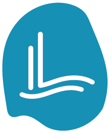 Abstract blue logo with white lines forming a stylized 'L' and wave design.