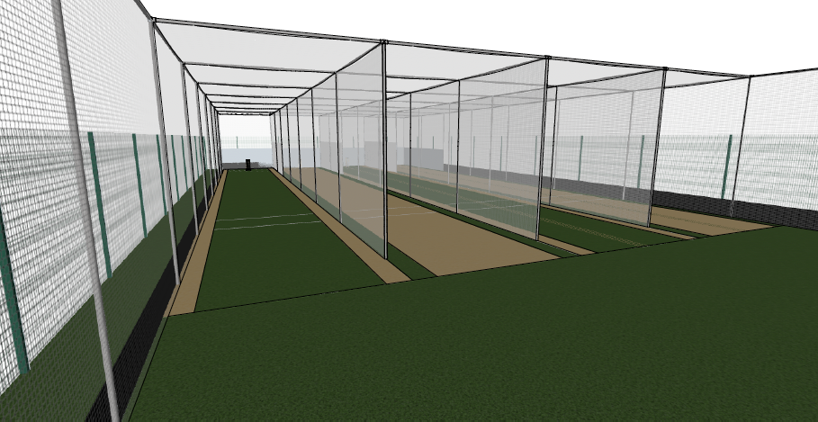 A virtual design of a batting cage with a netted enclosure and turf flooring.