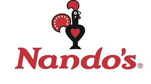 Nando's logo featuring a stylized black and red rooster with red polka dots and a heart, and the word 'Nando's' in red cursive text.