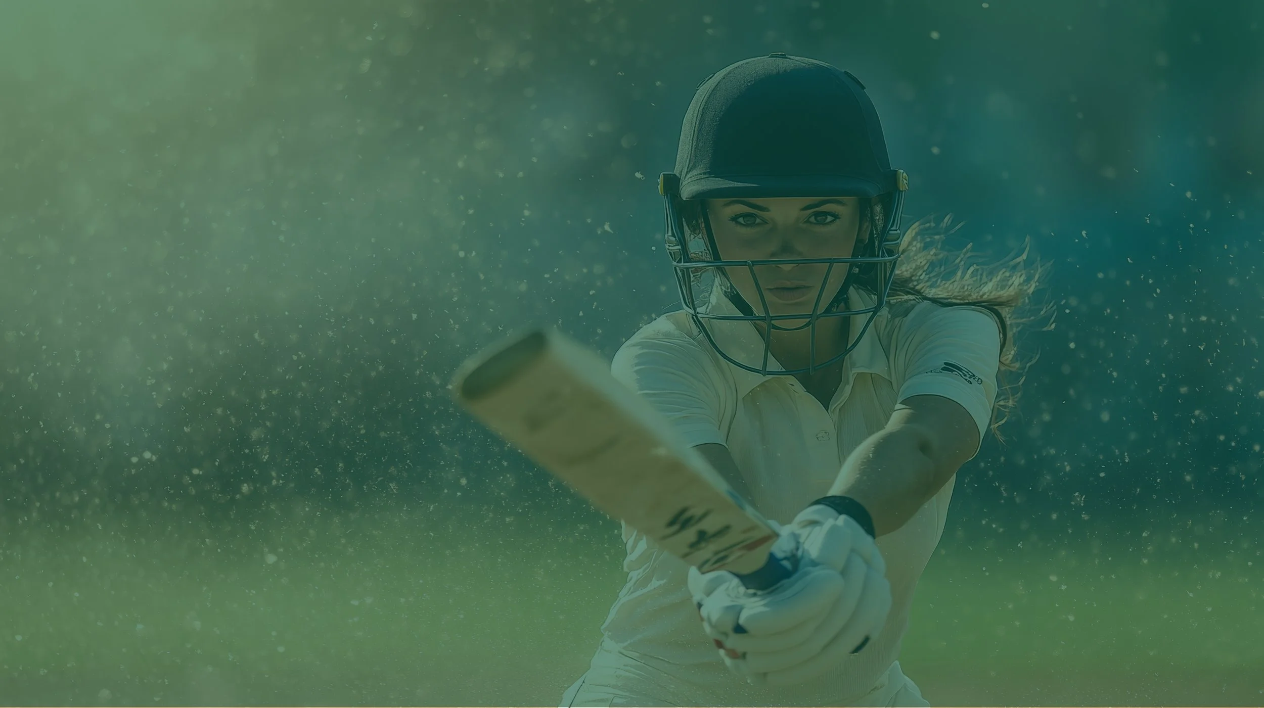 A woman wearing a cricket helmet and white sports uniform plays cricket, holding a bat and preparing to strike the ball.