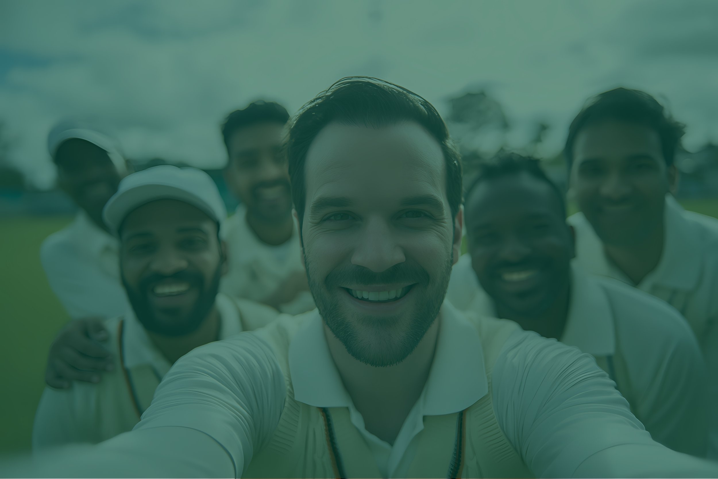 A group of diverse smiling men taking a selfie outdoors, with a green tint overlay.