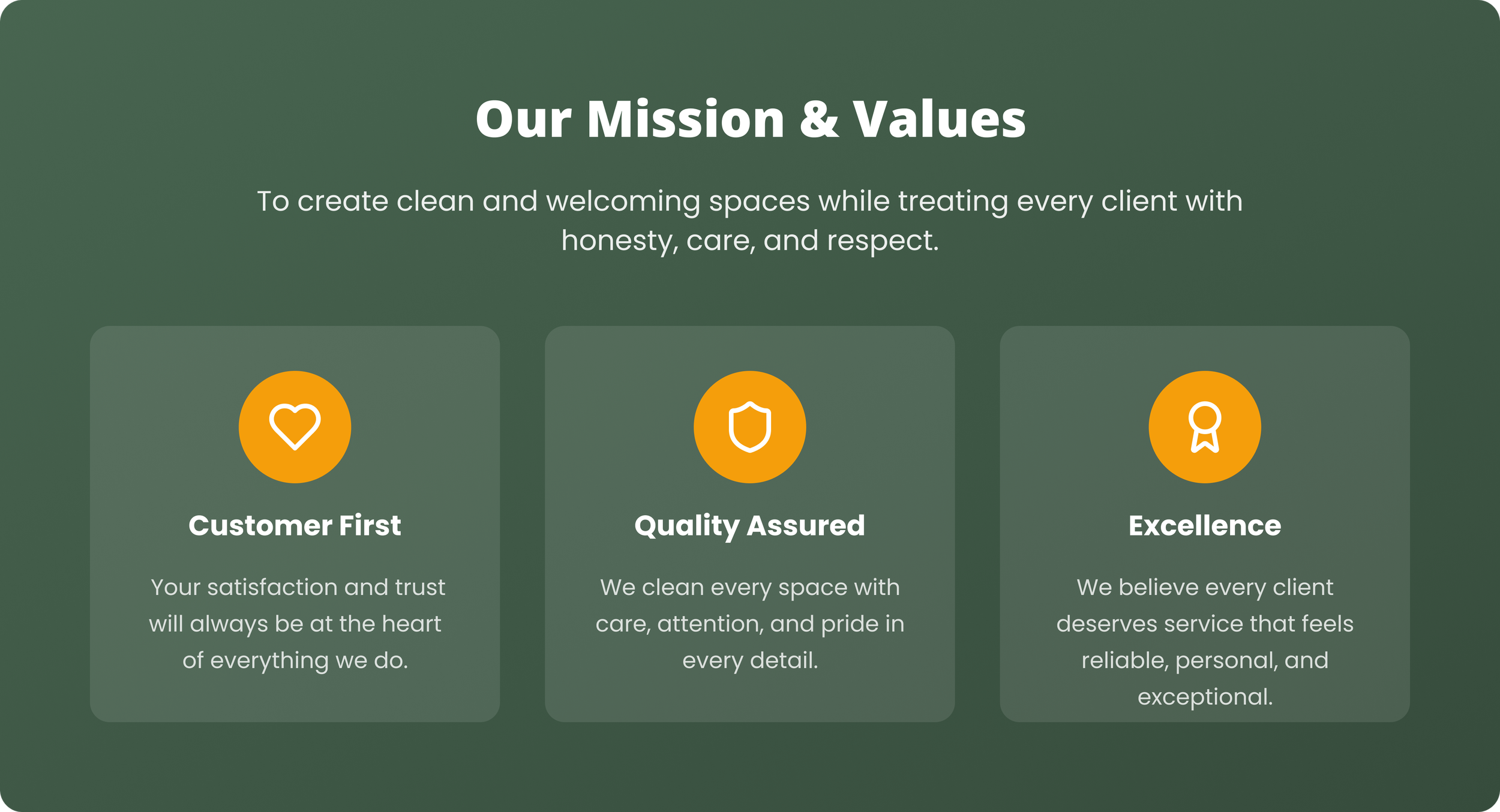 Sección titulada 'Our Mission & Values' en inglés, con un texto que explica la misión y valores de una organización, con íconos y encabezados para 'Customer First', 'Quality Assured' y 'Excellence'.