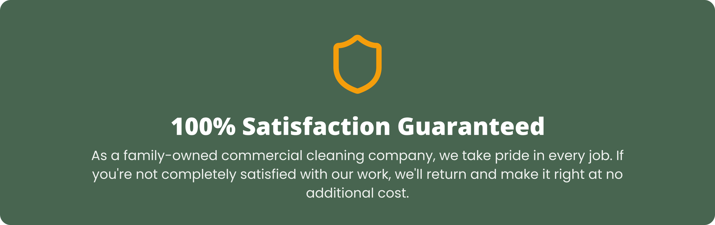 Logotipo de seguridad con escudo en la parte superior, texto que dice "Satisfacción 100% garantizada" y descripción de una empresa de limpieza familiar que ofrece devoluciones sin costo si no están satisfechos.