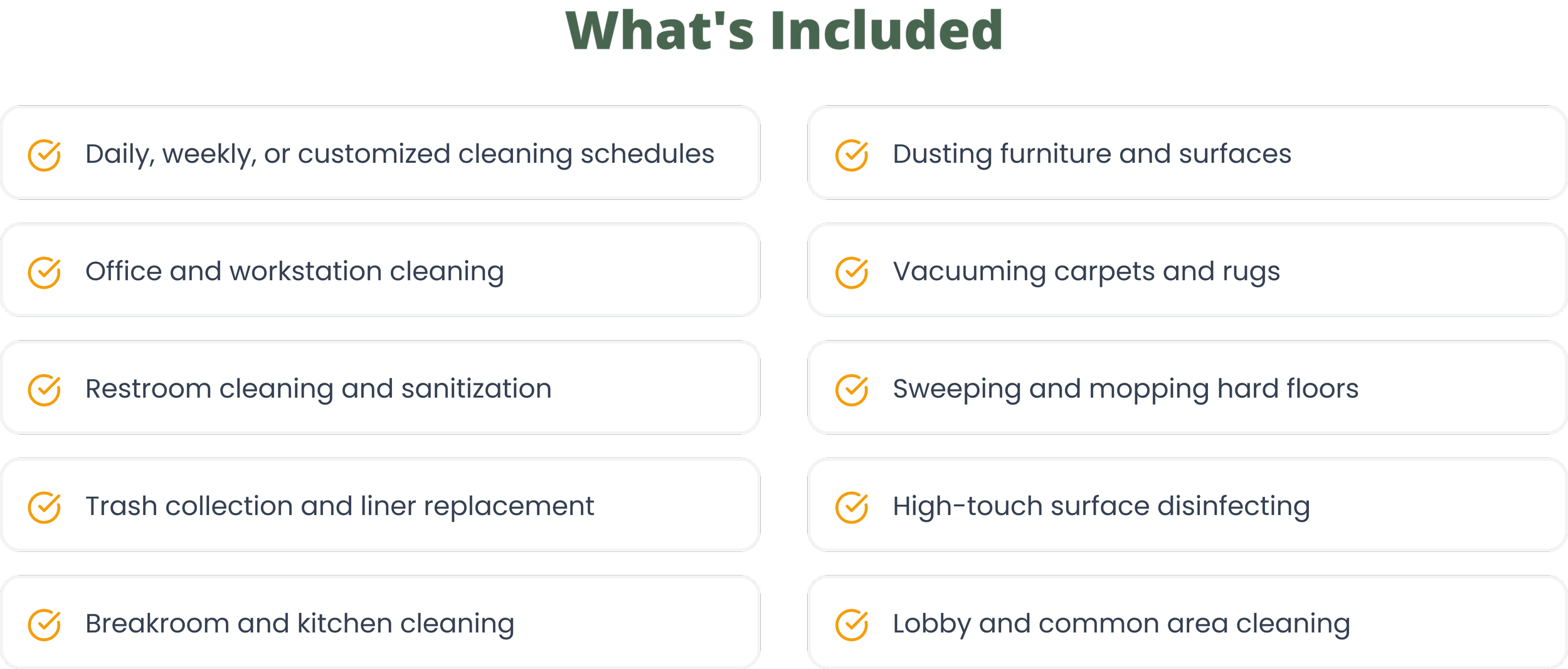 Lista de servicios de limpieza que incluye limpieza de horarios personalizados, limpieza de muebles y superficies, limpieza de oficinas y escritorios, limpieza y sanitización de baños, recolección de basura y reemplazo de liners, limpieza de cocinas y comedores, limpieza de alfombras y pisos duros, limpieza de superficies de alto contacto y limpieza de vestíbulos y áreas comunes.