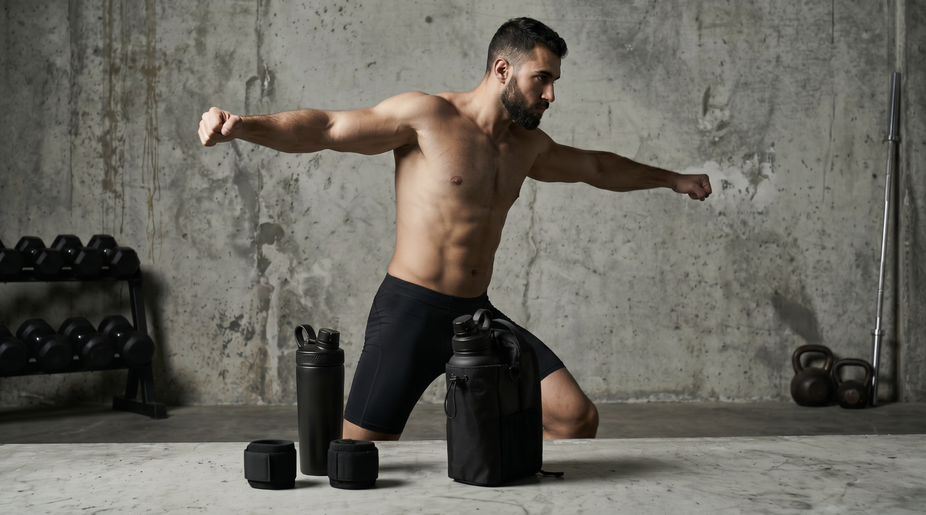 A muscular man with a beard and short hair is shirtless and wearing black shorts, working out in a gym with a concrete wall background. He is performing an exercise with his arms extended and standing in a wide stance. In the foreground, there are black water bottles, a black bag, and some small black workout accessories. Gym equipment such as dumbbells and kettlebells are visible in the background.