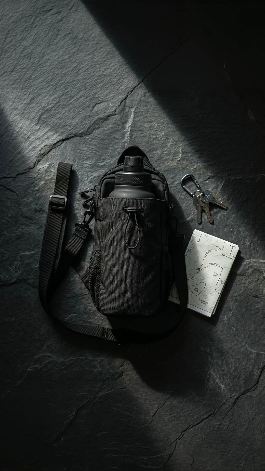 A black hiking pack with shoulder straps, a water bottle, a set of keys, and a map on a dark stone surface.