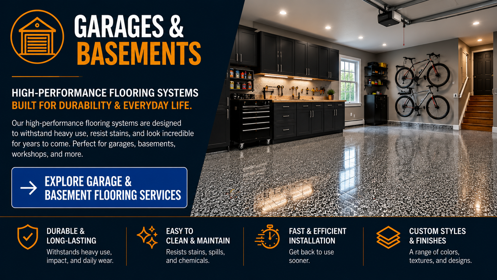 Northview Coatings garage and basement flooring systems featuring durable, easy-to-clean decorative concrete coatings for residential garages, basements, workshops, and utility spaces.