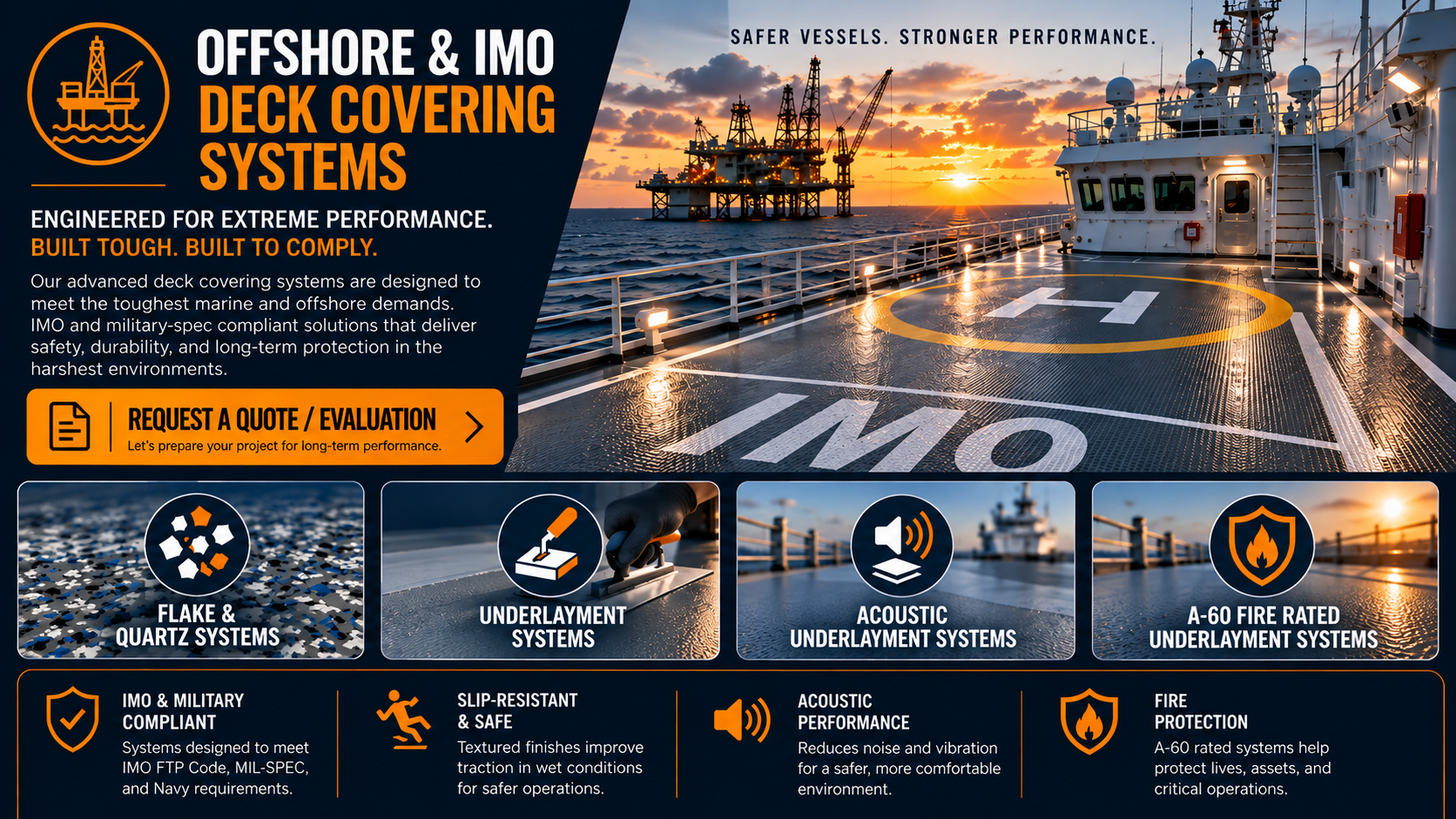 Northview Coatings offshore and IMO deck covering systems featuring decorative flake and quartz, underlayment, acoustic, and A-60 fire-rated flooring solutions for marine vessels.