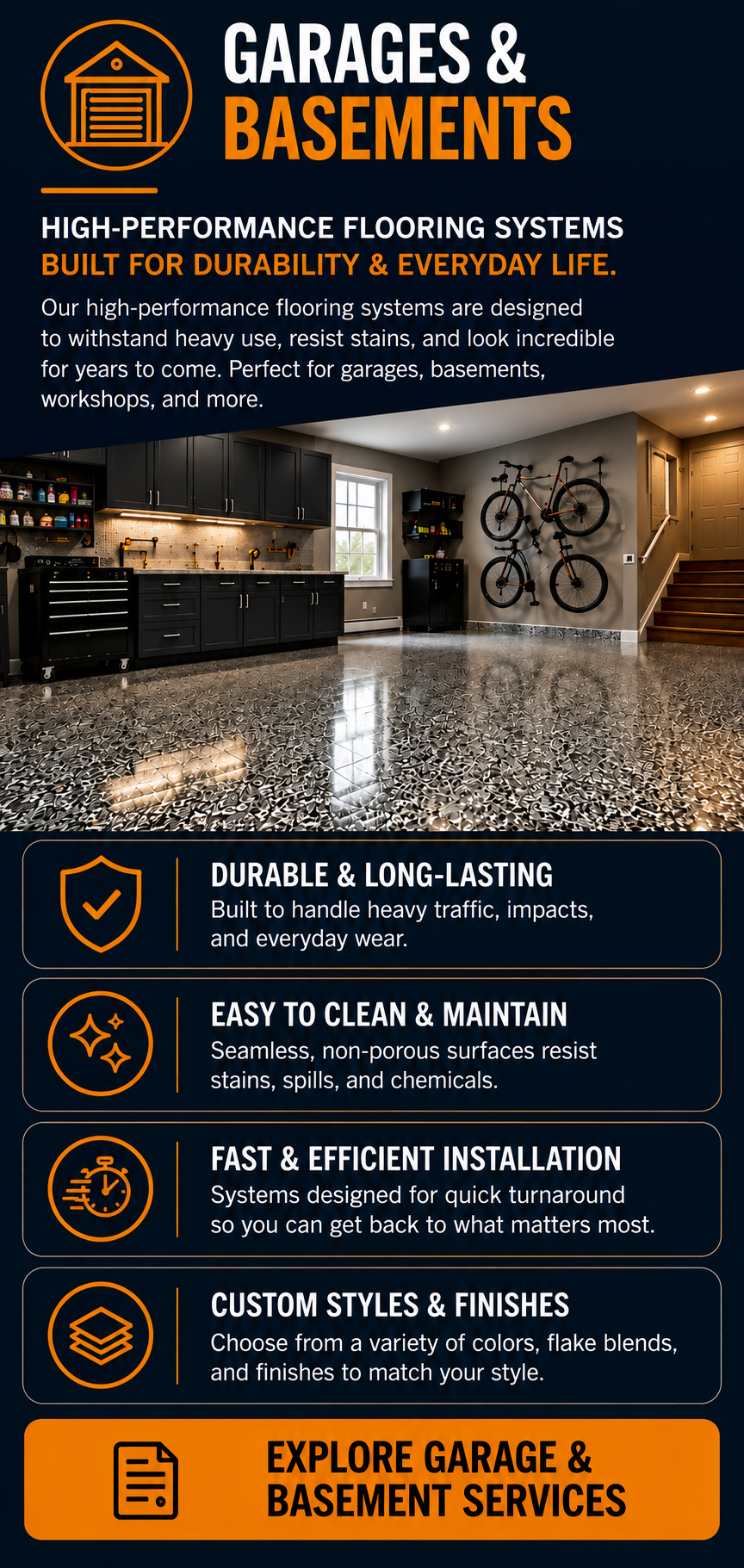 Northview Coatings garage and basement flooring systems featuring durable, easy-to-clean decorative concrete coatings for residential garages, basements, workshops, and utility spaces.