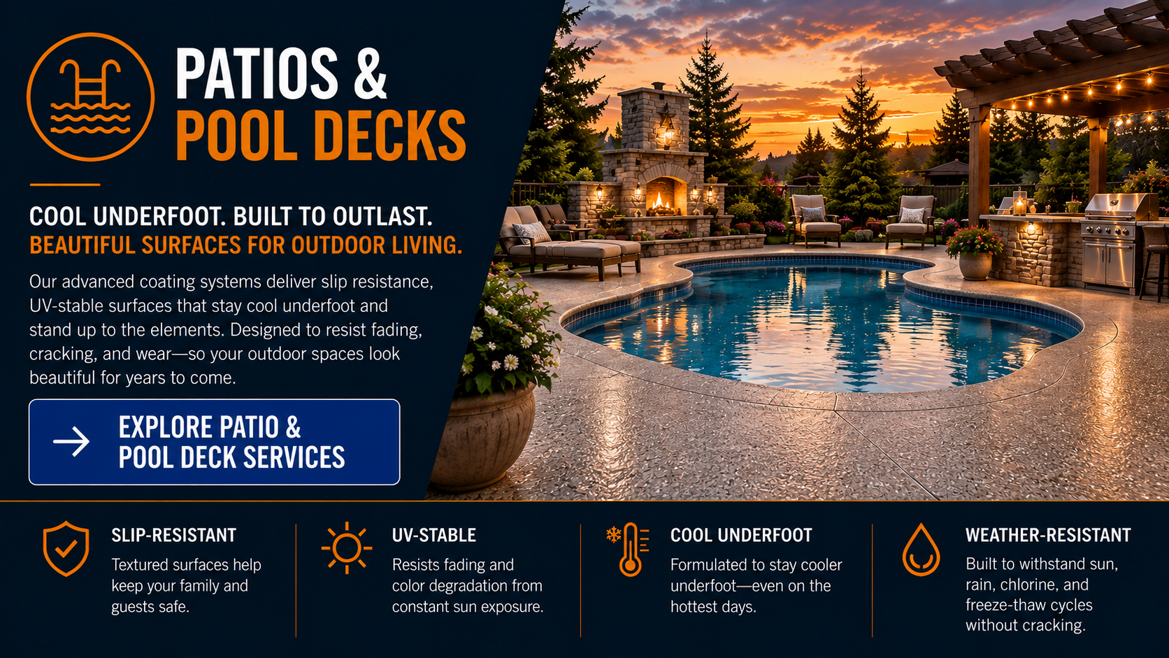 Northview Coatings patio and pool deck coating systems featuring slip-resistant, UV-stable, weather-resistant decorative concrete surfaces for residential outdoor living spaces.