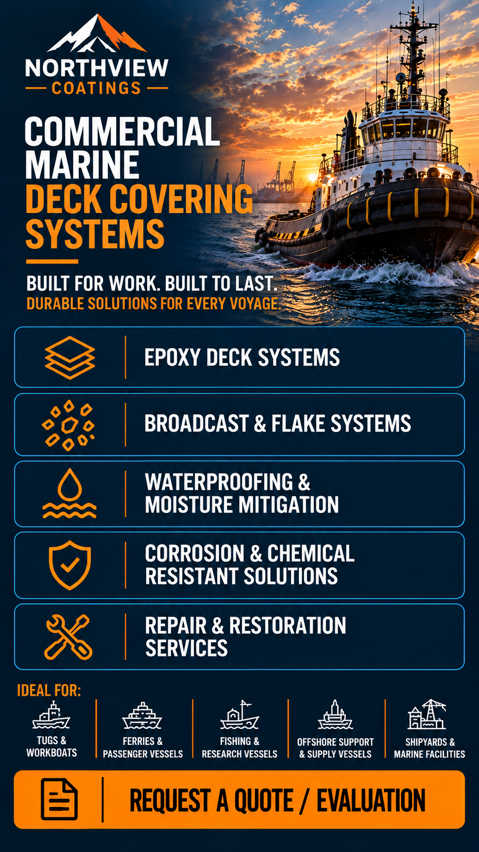Northview Coatings commercial marine flooring and deck covering systems featuring durable epoxy coatings, decorative broadcast systems, waterproofing, corrosion protection, and repair solutions for working vessels and marine facilities.