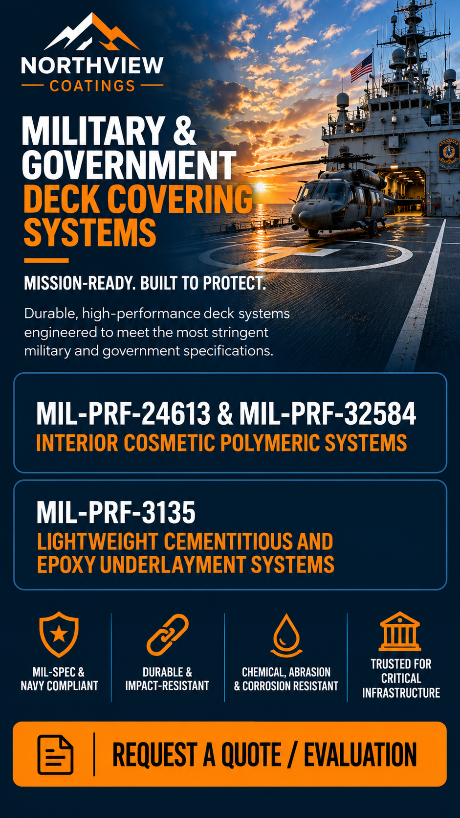 Northview Coatings military and government marine deck covering systems featuring MIL-SPEC underlayments and high-performance flooring systems for U.S. Navy, federal, and government vessels.