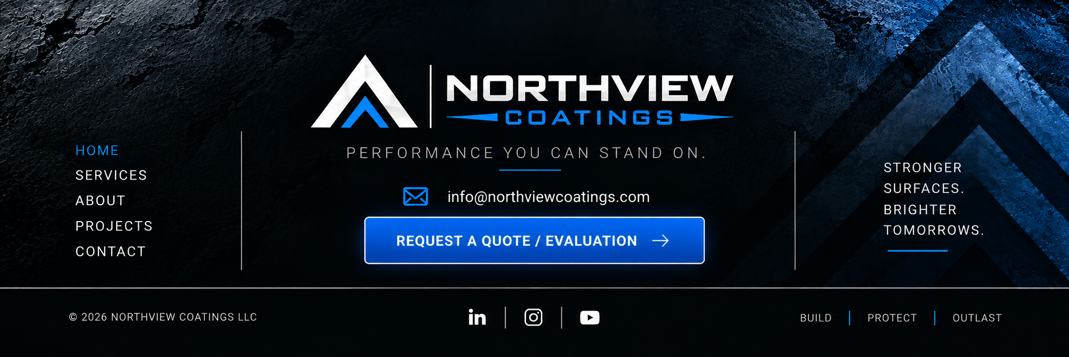 Northview Coatings website footer featuring company branding, contact information, navigation links, and a request a quote or project evaluation call to action.
