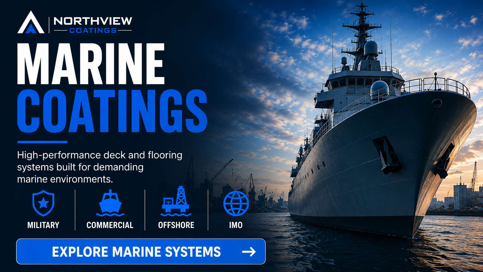 Northview Coatings marine flooring and deck covering systems for commercial vessels, offshore applications, military and government ships, including surface preparation and high-performance marine coatings.