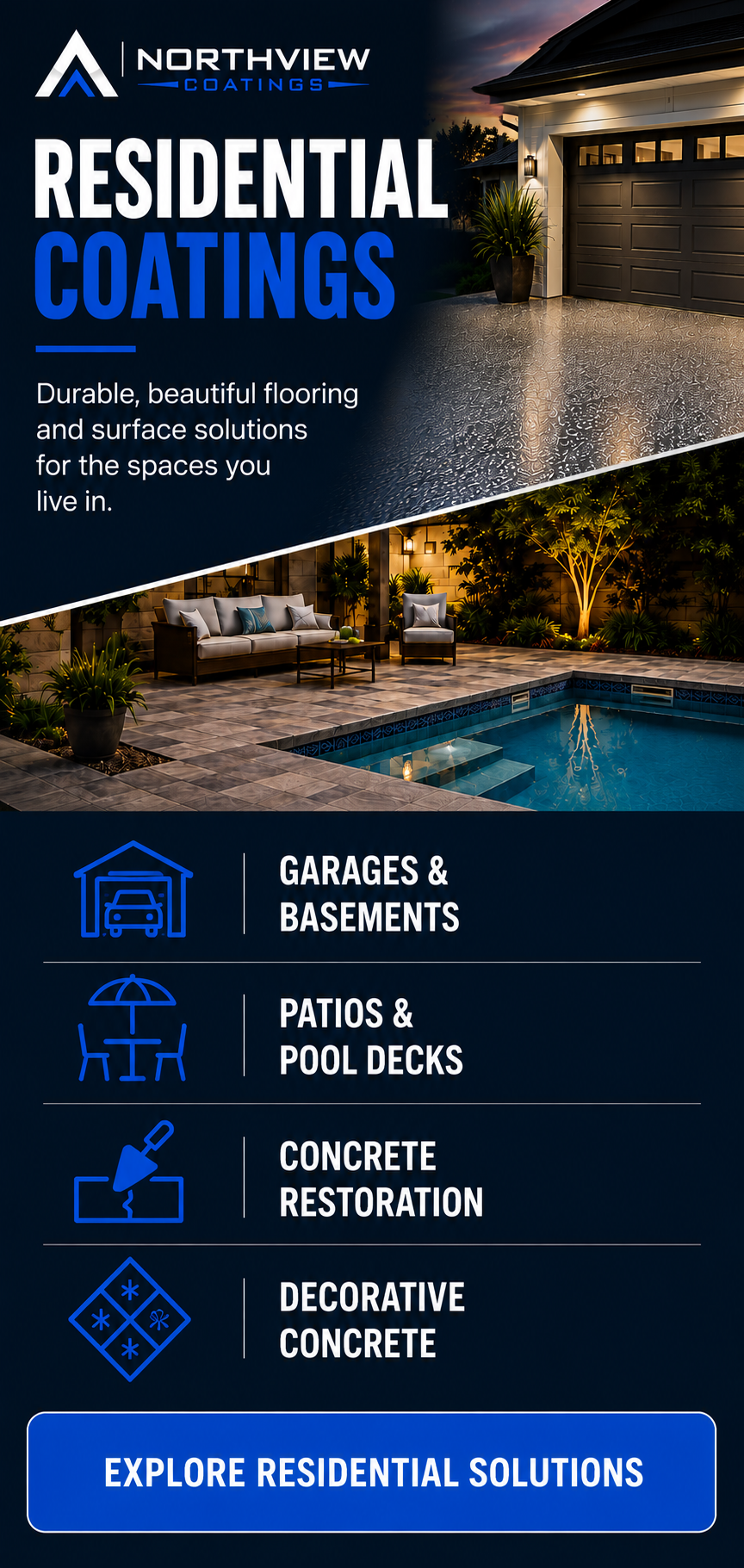 Northview Coatings residential flooring and concrete coating services for garages, basements, patios, pool decks, decorative concrete, and concrete restoration.