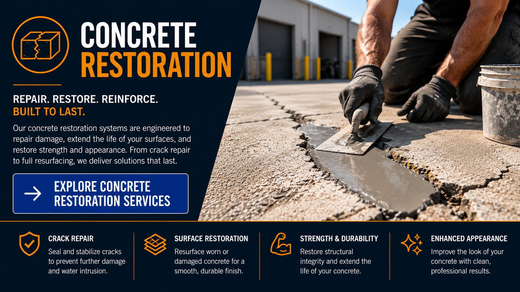 Northview Coatings concrete restoration services for cracked, worn, and damaged concrete, including crack repair, surface restoration, resurfacing, and protective systems designed to extend concrete service life.