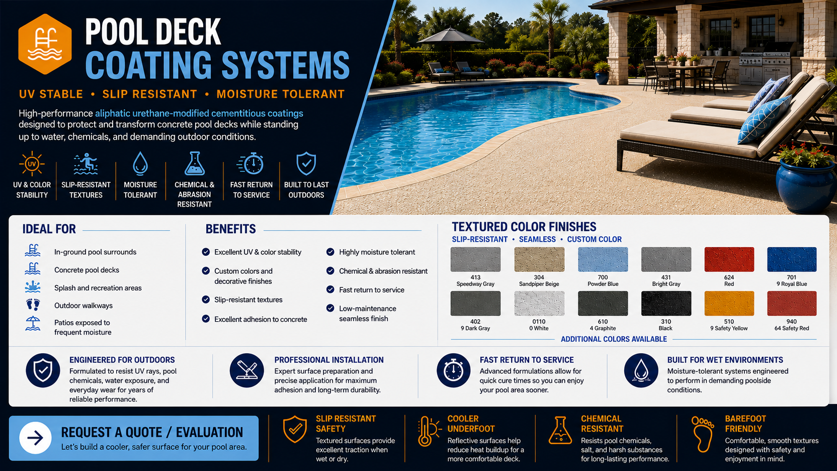 Northview Coatings pool deck coating system featuring slip-resistant, UV-stable, moisture-tolerant cementitious finishes designed for residential concrete pool decks and outdoor areas.