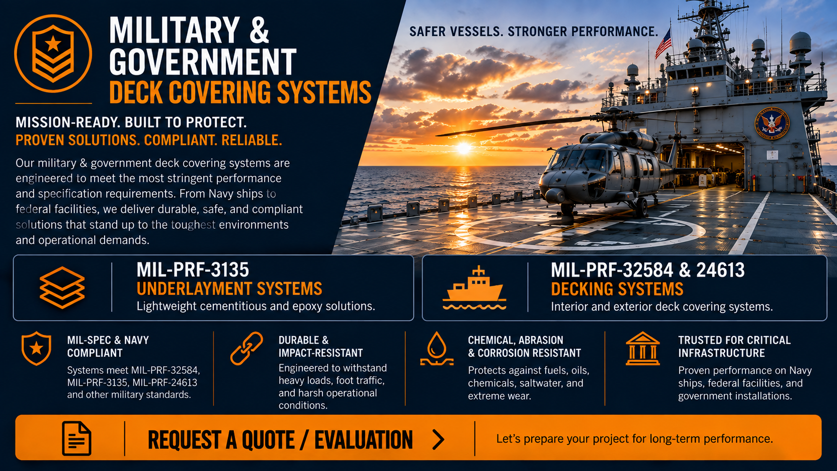 Northview Coatings military and government marine deck covering systems featuring MIL-PRF-3135 underlayments and MIL-PRF-32584 and MIL-PRF-24613 decking systems for Navy and government applications.