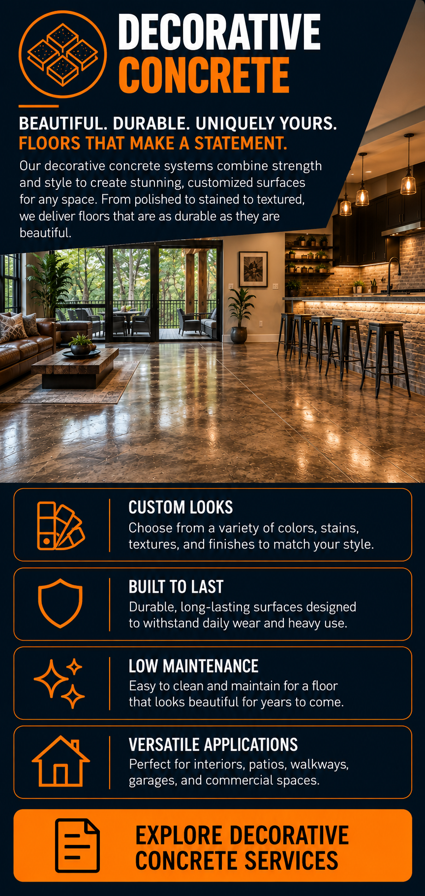 Interior room featuring polished decorative concrete floors, a living area with a leather sofa, coffee table, indoor plants, large glass doors leading to a balcony, and a kitchen with dark cabinets, pendant lights, and bar stools.