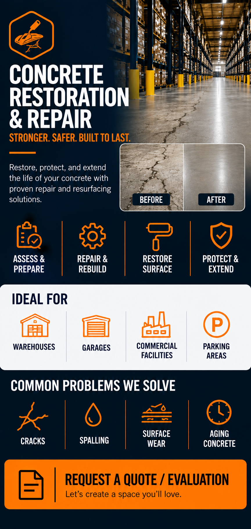 Infographic for concrete restoration and repair services showing a warehouse with a cracked concrete floor. The infographic emphasizes restoring, protecting, and extending concrete lifespan through repair and resurfacing solutions. It features before and after images of concrete, steps for assessment, repair, restoration, and protection, ideal for warehouses, garages, commercial facilities, and parking areas. Common problems addressed include cracks, spalling, surface wear, and aging concrete, with a call to action to request a quote or evaluation.