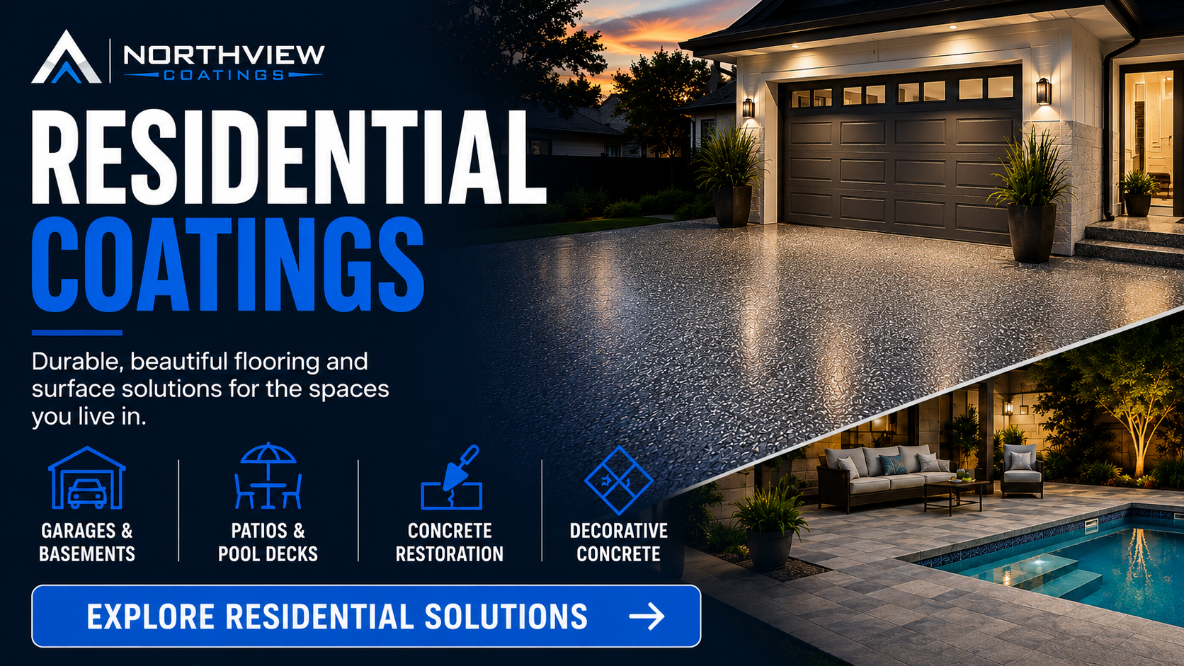 Northview Coatings residential flooring and concrete coating services for garages, basements, patios, pool decks, decorative concrete, and concrete restoration.
